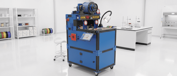 Gem Slicer Standard diamond wire saw installed in a laboratory, with spools of diamond wire on the shelving behind it