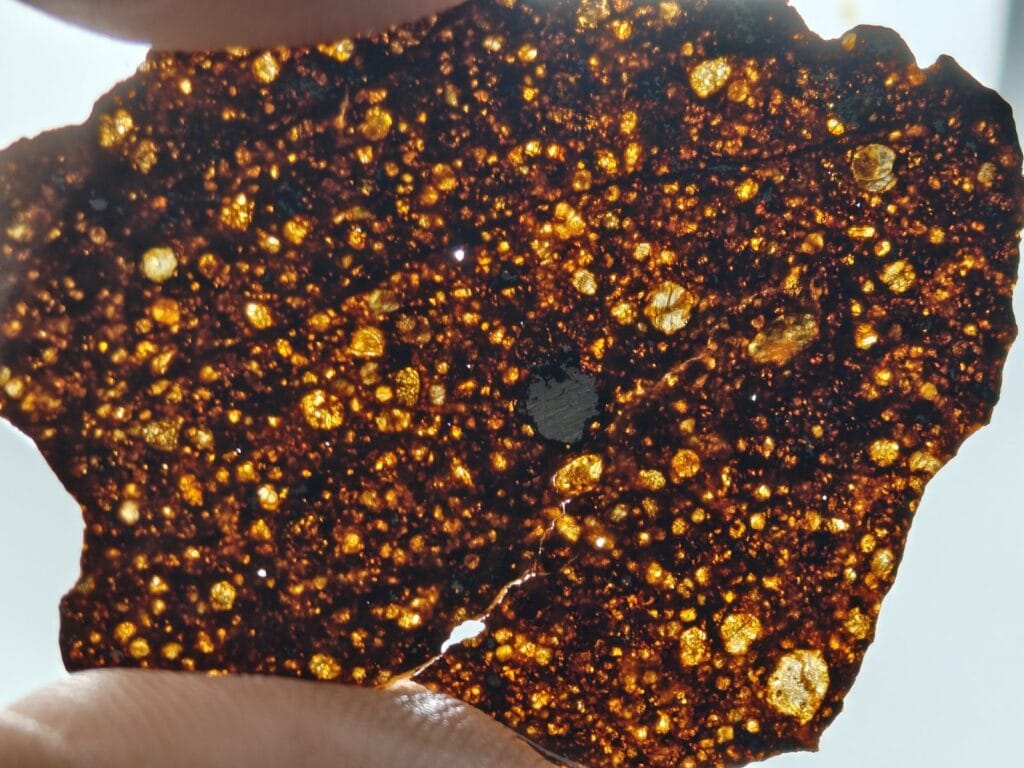Backlit meteorite slice cut on a Gem Slicer diamond wire saw, chondrules visible through the stone