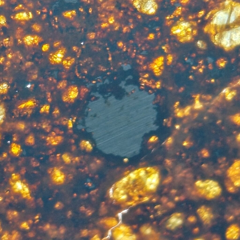 Diamond wire marks on a metal grain inside a thin meteorite slice
