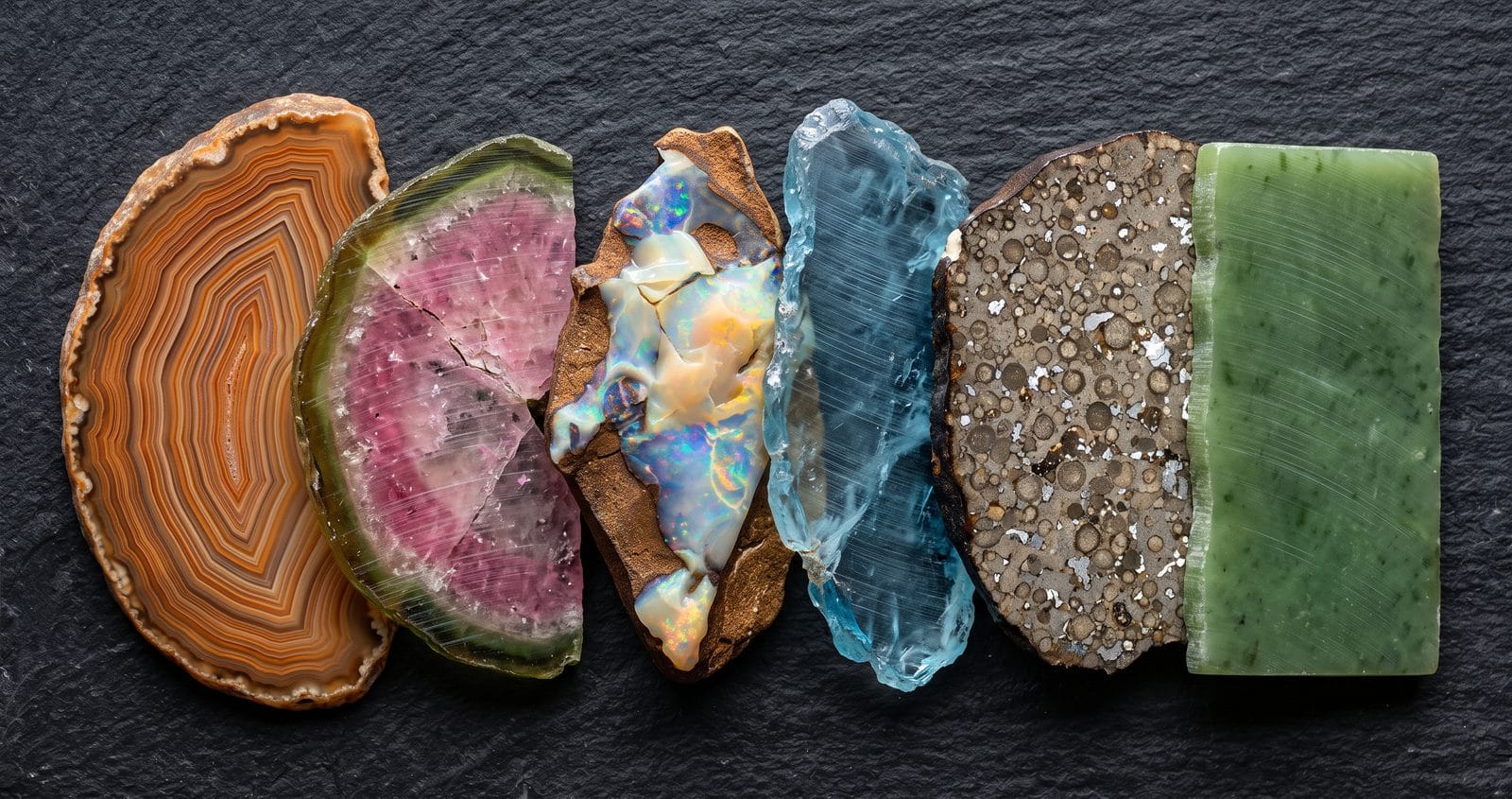 Thin sawn slices of agate, watermelon tourmaline, boulder opal, rough blue topaz, a stony meteorite and nephrite jade on dark slate