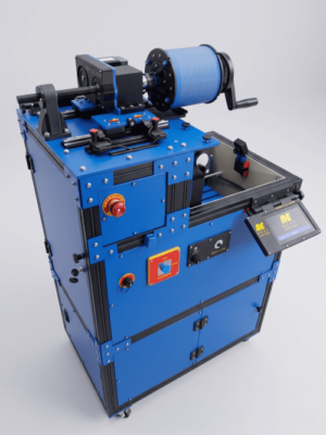 Gem Slicer Standard diamond wire saw seen from the front, with the wire spool and the touchscreen control panel